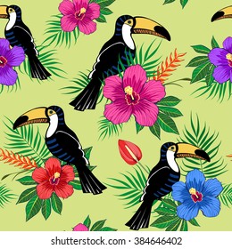 Tropical flowers and toucan pattern