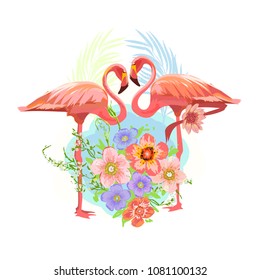 Tropical flowers and two Exotic and Pink Flamingos in Jungle. Floral Embroidered Pattern for Fabric. Bird, Hawaii symbol. Zoo card. Vector illustration