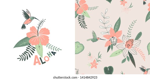 Tropical flowers vector color pattern. Aloha hand drawn lettering. Flying colibri. Orchids and hibiscus. Hummingbird t-shirt print. Decorative textile, wallpaper, wrapping paper design