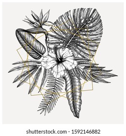 Tropical flowers vector composition. Vintage bouquet of exotic flowers and palm leaves with golden foil elements. Tropical wedding card or invitation design. Botanical trendy illustration. Collage.
