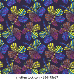 Of tropical flowers. Vector illustration on violet background. Hibiscus pattern.