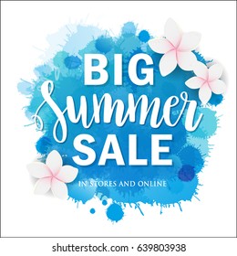 Tropical flowers vector illustration on watercolor imitation background with Big Summer Sale lettering quote. Banner, poster, web and print design