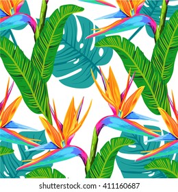 Tropical flowers vector pattern.