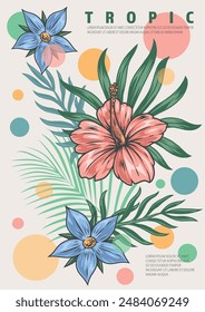 Tropical flowers vintage sticker colorful with exotic plants and small text near pastel shade circles vector illustration