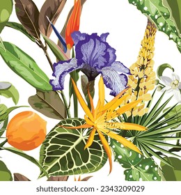 Tropical flowers with violet irys Seamless pattern, background. Vintage, old, retro style. Isolated on white background.