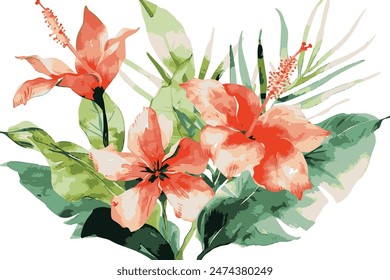 pintura de acuarela de flores tropicales, aislado sobre fondo blanco, minimalismo.