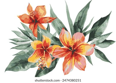 tropical flowers watercolor painting, isolated on white background, minimalism.