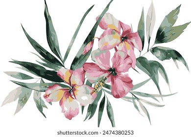 tropical flowers watercolor painting, isolated on white background, minimalism.