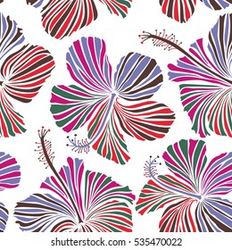 With tropical flowers in watercolor style. Vector hibiscus in violet, red and magenta colors on a white background.