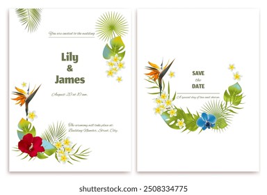 Tropical flowers. Wedding invitation. Blue orchids. Plumeria. Frangipani. Beautiful floral pattern on white background. Postcard. Green palm leaves. Strelitzia. Red hibiscus.