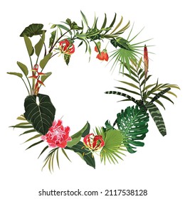 Tropical flowers wreath. Greeting card template. Design artwork for the poster, tee shirt, pillow, home decor.
