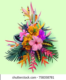 tropical flowers,composition, bouquet of exotic plants