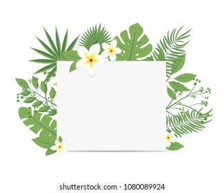 Tropical flyer with palm leaves and exotic flowers. White leaf frame illustration with flowers. Vector illustration