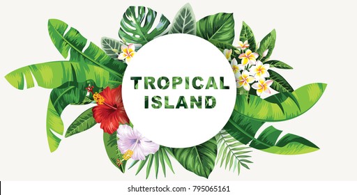 Tropical flyer with palm leaves and exotic flowers. Round frame. Vector illustration.