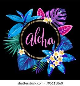 Tropical flyer with palm leaves and exotic flowers. Round frame. Vector illustration.