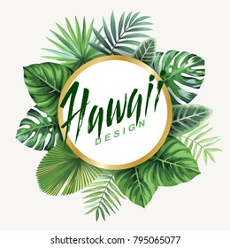 Tropical Flyer With Palm Leaves. Round Frame. Vector Illustration.