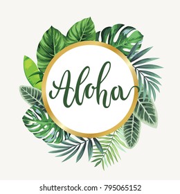Tropical flyer with palm leaves. Round frame. Vector illustration.