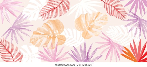 Tropical foliage art background vector.Digital print design with palm, floral and leaves with watercolor brush texture. Canvas art for wallpaper, wall arts, prints, fabric, pattern and packaging.