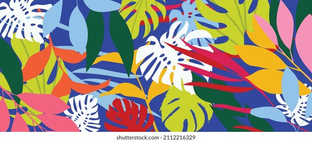 Tropical foliage art background vector.Digital print design with palm, floral and leaves with watercolor brush texture. Canvas art for wallpaper, wall arts, prints, fabric, pattern and packaging.