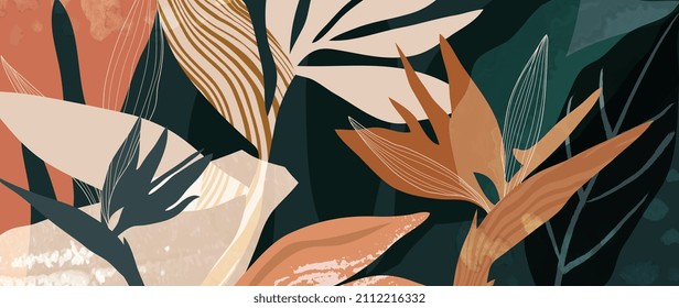 Tropical foliage art background vector.Digital print design with palm, floral and leaves with watercolor brush texture. Canvas art for wallpaper, wall arts, prints, fabric, pattern and packaging.