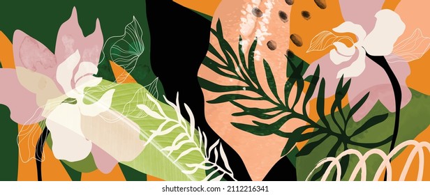 Vector de fondo de arte folicular tropical.Diseño de impresión digital con palma, floral y hojas con textura de brocha acuarela. Arte de tela para papel pintado, artes murales, impresiones, tela, patrón y embalaje.