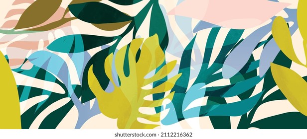 Tropical foliage art background vector.Digital print design with palm, floral and leaves with watercolor brush texture. Canvas art for wallpaper, wall arts, prints, fabric, pattern and packaging.