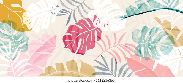 Vector de fondo de arte folicular tropical.Diseño de impresión digital con palma, floral y hojas con textura de brocha acuarela. Arte de tela para papel pintado, artes murales, impresiones, tela, patrón y embalaje.