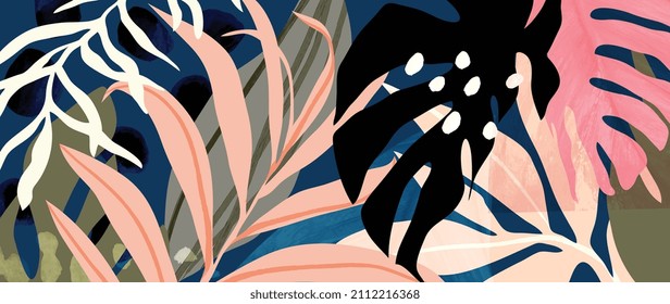 Tropical foliage art background vector.Digital print design with palm, floral and leaves with watercolor brush texture. Canvas art for wallpaper, wall arts, prints, fabric, pattern and packaging.