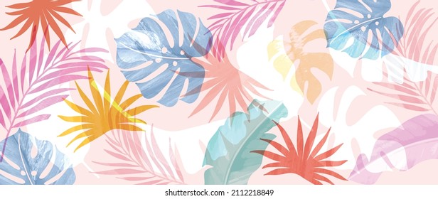 Vector de fondo de arte folicular tropical.Diseño de impresión digital con palma, floral y hojas con textura de brocha acuarela. Arte de tela para papel pintado, artes murales, impresiones, tela, patrón y embalaje.