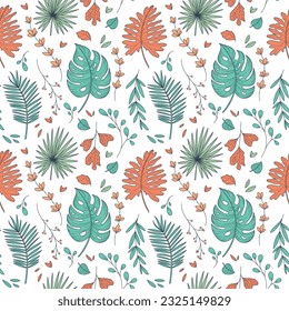 Tropical foliage background in autumn colors. Botanical seamless pattern. Tropical palm leaves in doodle style on light background