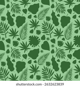 Tropical foliage background pattern, summer leaf silhouettes seamless pattern on a green pattern. Different types of foliage design perfect for summery or nature-inspired themes.