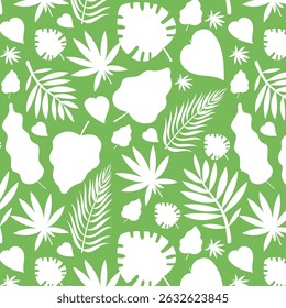 Tropical foliage background pattern, summer leaf silhouettes seamless pattern. Different types of foliage design perfect for summery or nature-inspired themes.