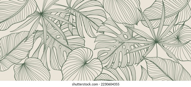 Tropical foliage background vector. Elegant hand drawn tropical monstera and palm leaves line art background. Design illustration for decoration, wall decor, wallpaper, cover, banner, poster, card.