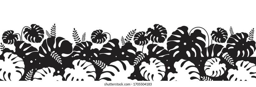 Tropical foliage black silhouette vector illustration. Monstera leaf. Philodendron decoration. Wild shrubs and bushes. Exotic monochrome landscape. Subtropical leaves 2d cartoon shape