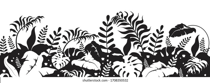 Tropical foliage black silhouette vector illustration. Wild vegetation. Botanical and herbal decoration. Shrubs and bushes. Exotic monochrome landscape. Subtropical leaves 2d cartoon shape