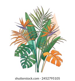 Tropical foliage composition. Vector illustration of leaves of monstera, strelitzia plant. Tropical leaves. Bird of paradise flower.