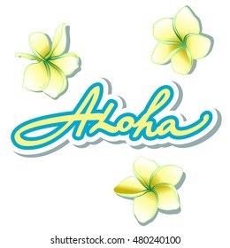 Tropical foliage and flowers Frangipane. Decorative element with lettering ALOHA. Isolated vector illustration.Emblem in exotic style can be used as t a print on T-shirts and bags. Hipster insignia. 