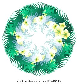 Tropical foliage and flowers Frangipane. Decorative element with lettering ALOHA. Isolated vector illustration.Emblem in exotic style can be used as t a print on T-shirts and bags. Hipster insignia. 