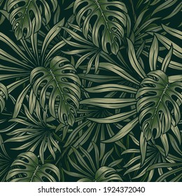 Tropical foliage green seamless pattern with monstera and palm leaves vector illustration