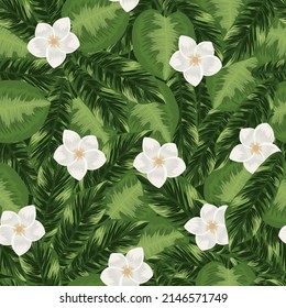 Tropical foliage green seamless pattern with palm leaves, monstera and white flowers vector illustration