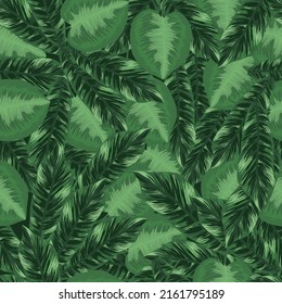 Tropical foliage green seamless pattern with palm leaves and monstera vector illustration
