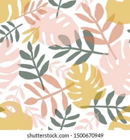 Tropical foliage hand drawn vector seamless pattern. Multicolor leaves silhouettes decorative texture. Exotic jungle leafage, rainforest flora flat illustration. Floral textile, wallpaper design.