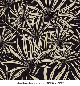 Tropical foliage seamless pattern with exotic leaves in vintage monochrome style vector illustration