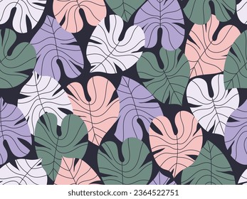 Tropical foliage seamless pattern. Exotic leaves in the doodle style. Colorful jungle plants. Botanical vector illustration.