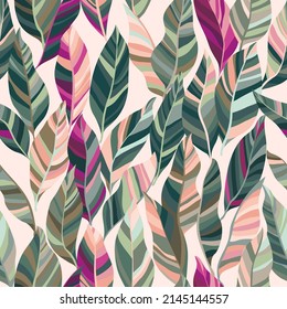 Tropical foliage seamless pattern fabric print retro design. Abstract leaves endless ornament. Palm tree leaves, jungle foliage seamless pattern for textile print. Botany illustration