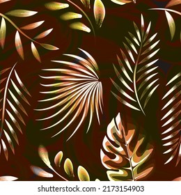 tropical foliage seamless pattern on abstract wave background. autumn themed background seamless pattern with tropical plants leaves. nature plants ornaments. nature wallpaper. tropical decorative