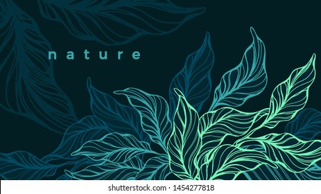 Tropical foliage. Vector hand drawn template. Nature neon green leaves. Art line sketch. Exotic evening. Abstract background. Wild jungle. Graphic illustration