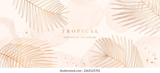 Tropical foliage watercolor background vector. Summer botanical design with gold line art, palm leaf, orange watercolor texture. Luxury tropical illustration for banner, poster, web and wallpaper.