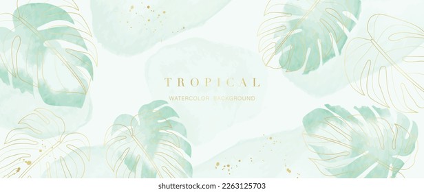 Tropical foliage watercolor background vector. Summer botanical design with gold line art, monstera leaf, green watercolor texture. Luxury tropical illustration for banner, poster, web and wallpaper.