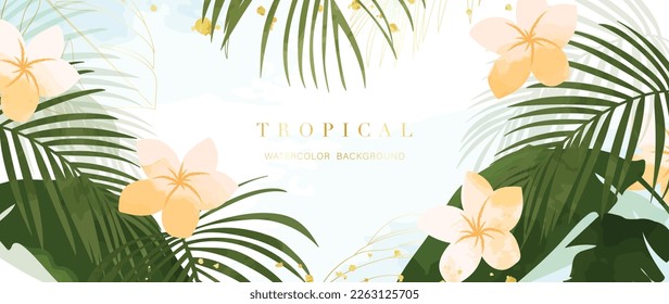 Tropical foliage watercolor background vector. Summer botanical design with gold line art, monstera, palm, plumeria flower. Luxury tropical jungle illustration for banner, poster, web and wallpaper.